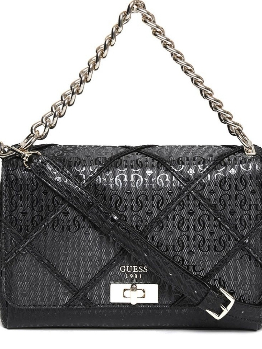 GUESS Black Quilted Logo Crossbody with Gold Chain